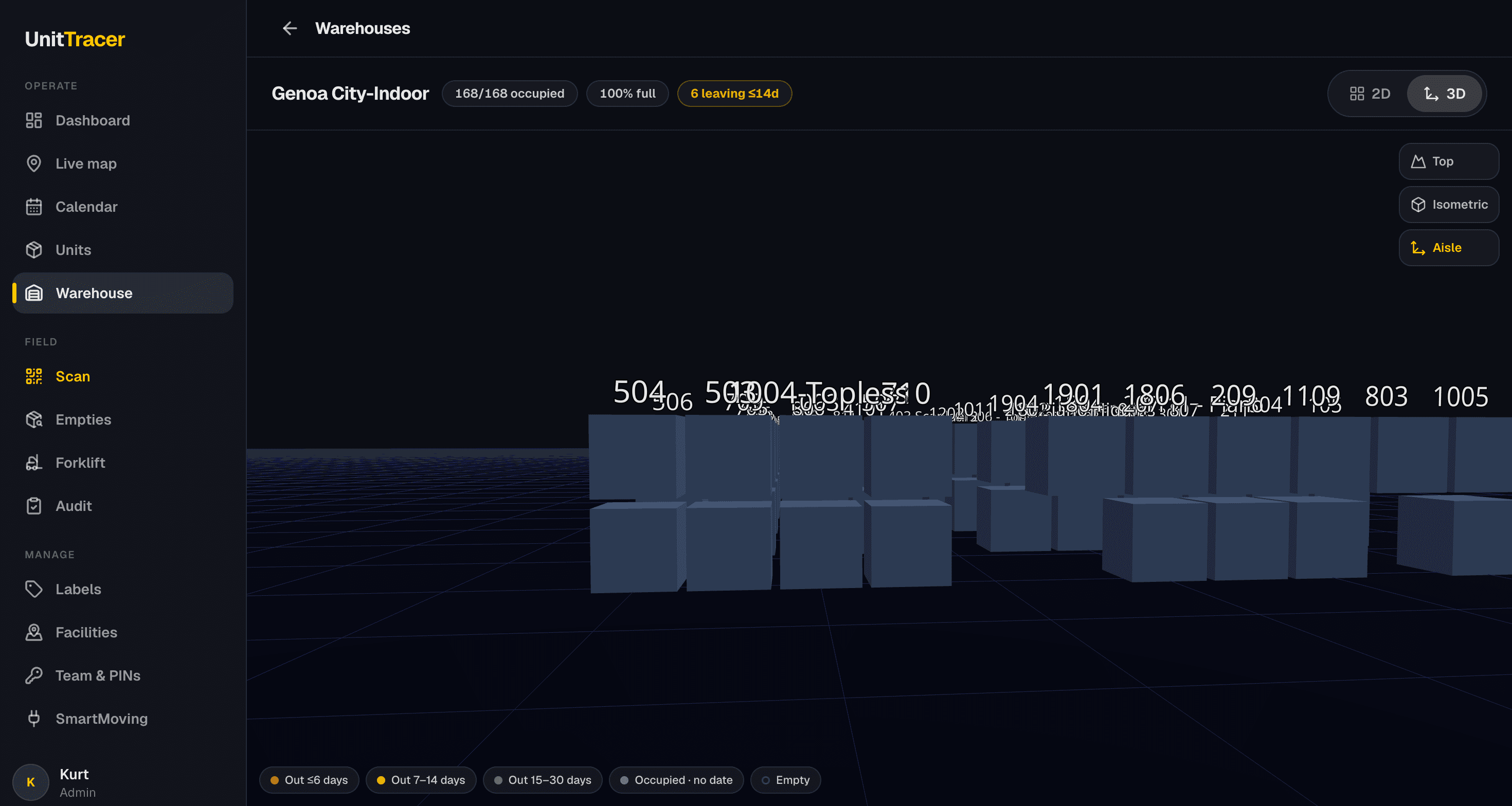 UnitTracer 2D and 3D warehouse viewer with color-coded vault stacks